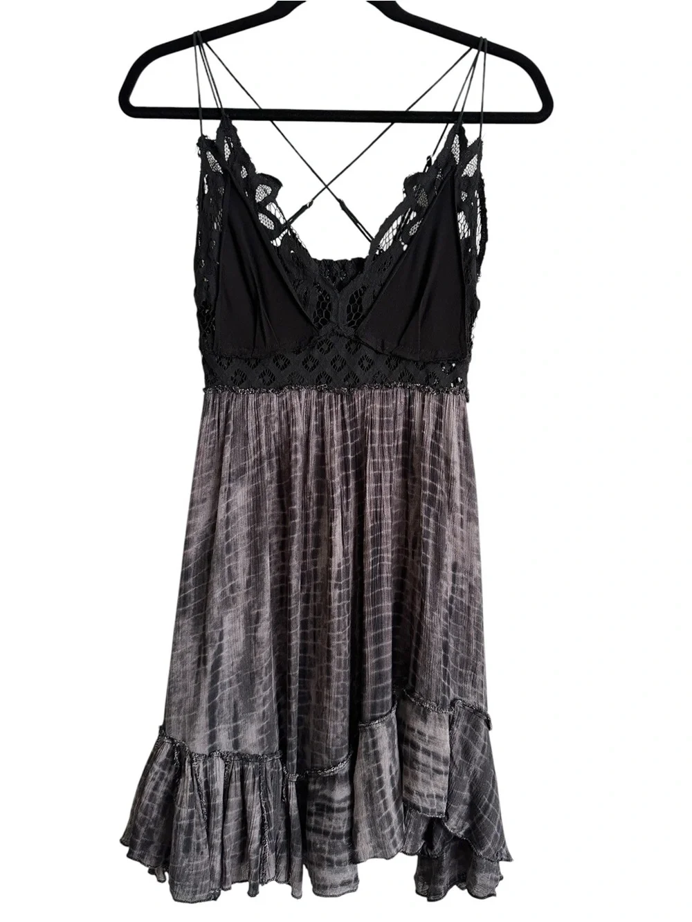 Free People FP One Adella Lace Mini Slip Dress Black Charcoal Sz M Boho Festival